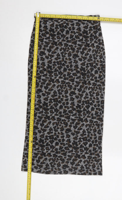 Topshop Women’s Grey Leopard Print Cotton Pencil Midi Skirt Size 8