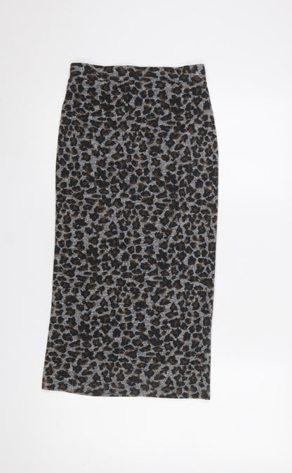 Topshop Women’s Grey Leopard Print Cotton Pencil Midi Skirt Size 8