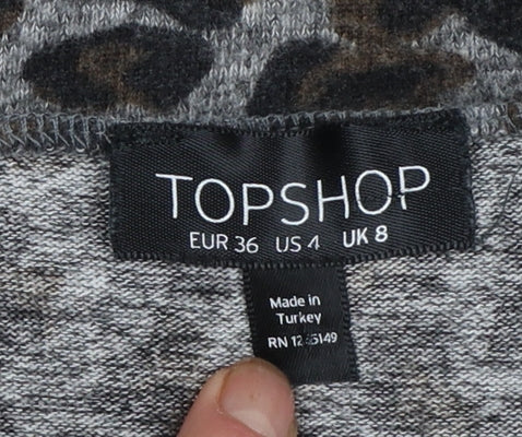 Topshop Women’s Grey Leopard Print Cotton Pencil Midi Skirt Size 8