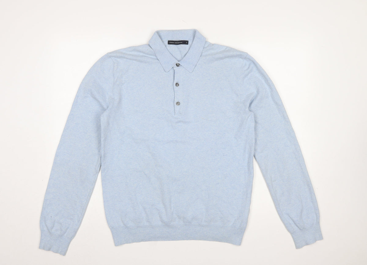 French Connection Men's Blue Collared Henley Jumper Size S