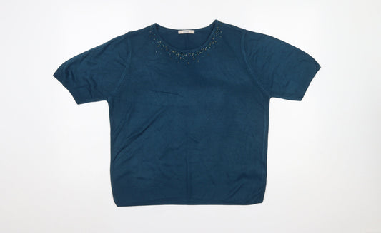 Marks and Spencer Women's Blue Beaded Short Sleeve Pullover Jumper Size 18