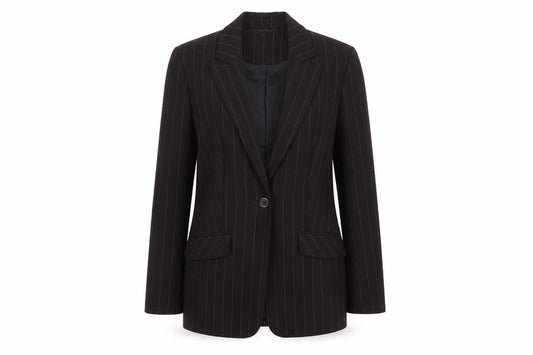 Front view of Principles Petite Brown Pinstripe Blazer women’s, size UK 6, single breasted