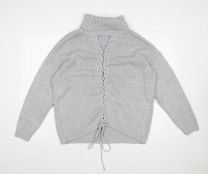HOT!MESS Women Grey Roll Neck Lace-Up Knit Jumper One Size Acrylic Blend