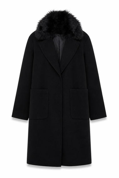 New Look Women's Black Faux Fur Collar Long Wool Blend Coat UK 10