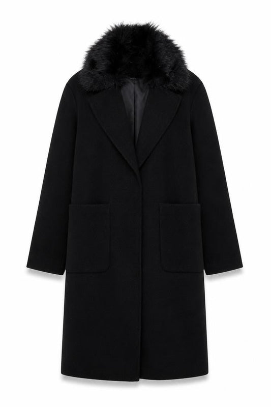 New Look Women's Black Faux Fur Collar Long Wool Blend Coat UK 10