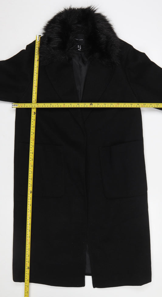 New Look Women's Black Faux Fur Collar Long Wool Blend Coat UK 10
