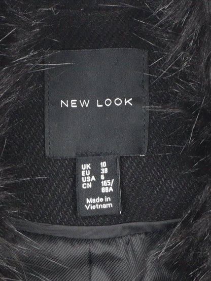 New Look Women's Black Faux Fur Collar Long Wool Blend Coat UK 10