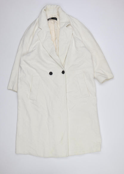 ZARA Women's Ivory Wool Blend Long Overcoat Size 16