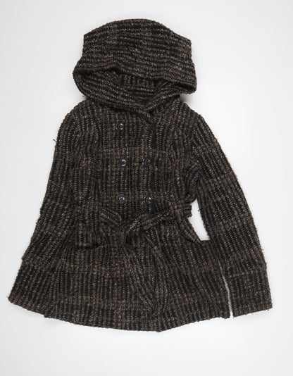 New Look Women’s Brown Check Belted Hooded Pea Coat UK 10