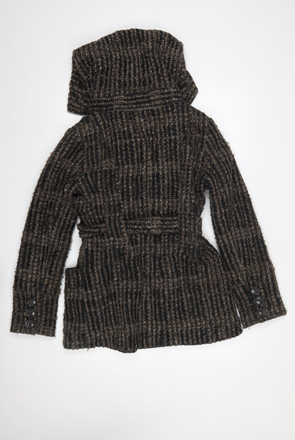 New Look Women’s Brown Check Belted Hooded Pea Coat UK 10