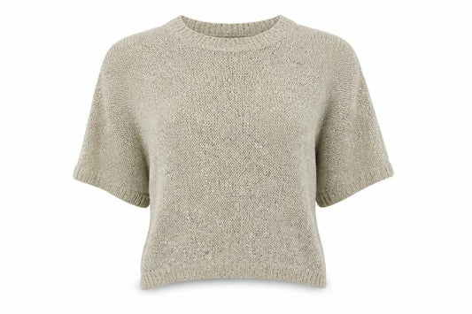 Front view of Tommy Hilfiger Teens Beige Sequin Knit Cropped Blouse, size 8