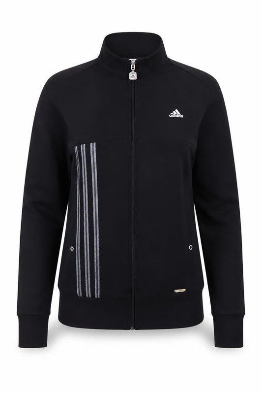 Front view of Adidas women’s black, size UK 12 slim, fit full zip sports jacket
