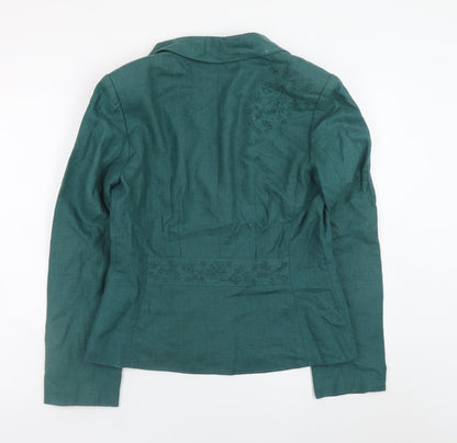Laura Ashley Women's Green Linen Blazer UK 12 Single-Breasted Embroidered