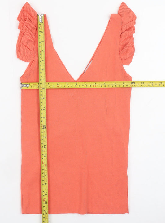 Next Women's Orange Ruffle Sleeve V-Neck Knit Tank Top Size 6