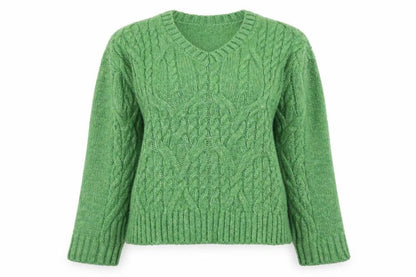 Marks and Spencer Women's Green Cable-Knit V-Neck Jumper Size M