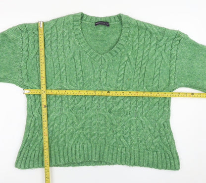 Marks and Spencer Women's Green Cable-Knit V-Neck Jumper Size M