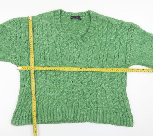 Marks and Spencer Women's Green Cable-Knit V-Neck Jumper Size M