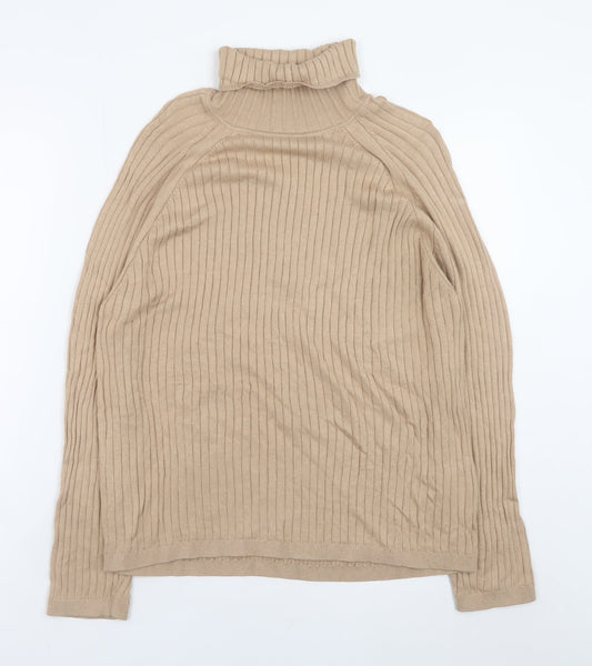 Next Women Beige Ribbed Roll Neck Jumper Large Viscose Cotton Blend