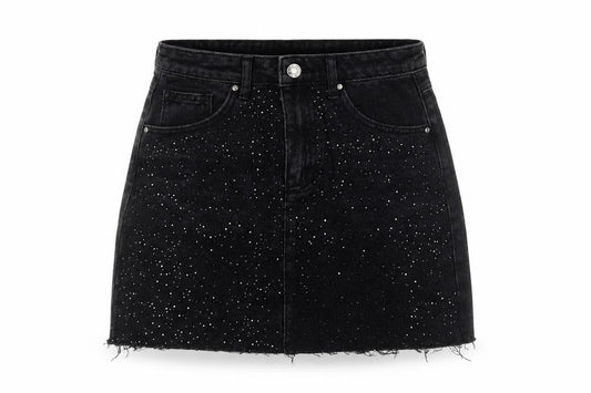 Front view of Denim Co. women’s black studded a-line denim skirt, size UK 6