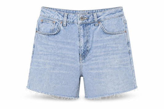 Front view of Topshop Moto Blue Denim High Rise Shorts W28 - unisex casual retro