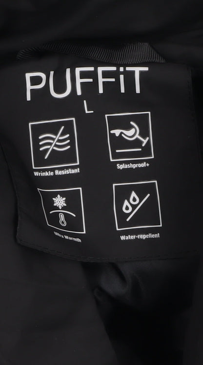 PUFFIT Women's Black Mid-Length Puffer Coat L Belted Water Resistant