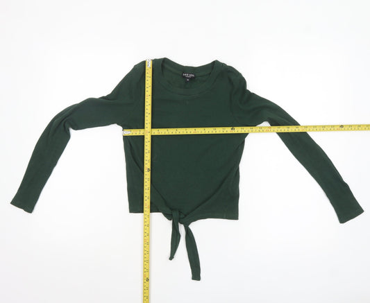 Brave Soul Women's Green XS Cropped Tie Front Long Sleeve Top