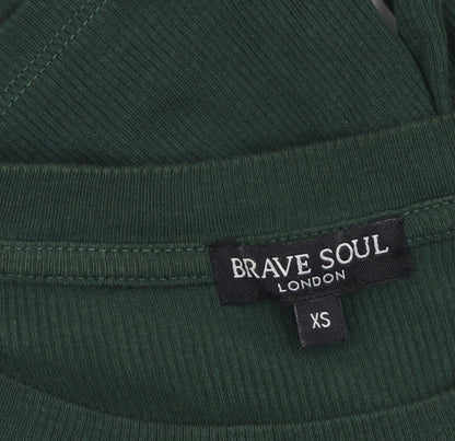 Brave Soul Women's Green XS Cropped Tie Front Long Sleeve Top