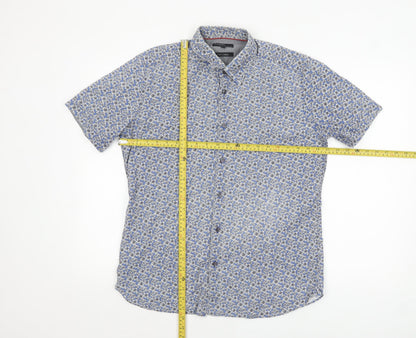 Marks and Spencer Autograph Men's Blue Floral Pure Cotton Slim Fit Short Sleeve Shirt M