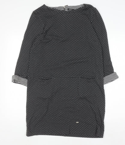 Roman Women’s Black Polka Dot Shift Dress Size 14 3/4 Sleeve Zip Back