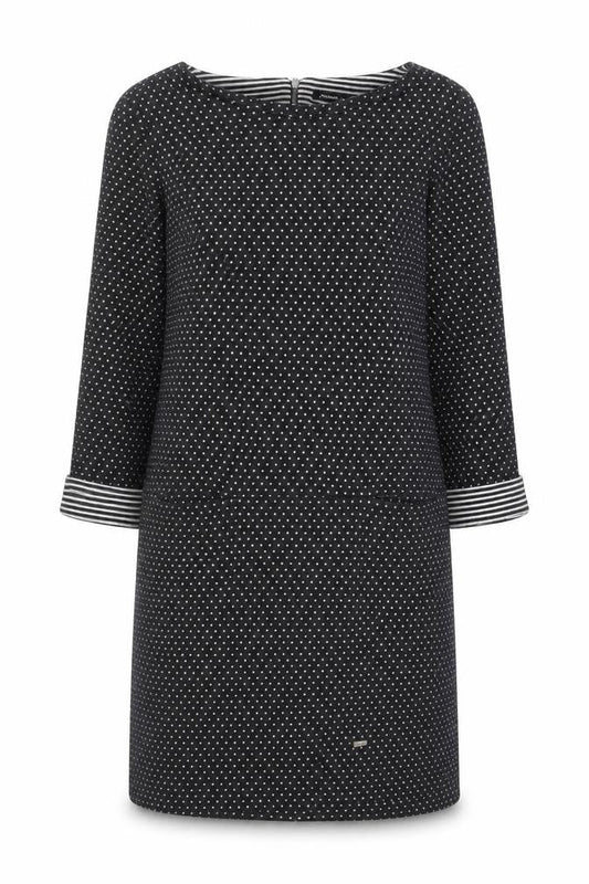 Front view of Roman Women’s Black Polka Dot Shift Dress, size UK 14, 3/4 Sleeve Zip Back
