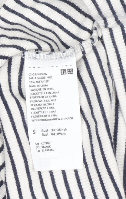 Uniqlo Women’s White Striped Long Sleeve Jersey Crew Neck T-Shirt Size S