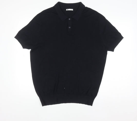 Zara Men’s Black XL Cotton Knit Polo Shirt Short Sleeve Casual
