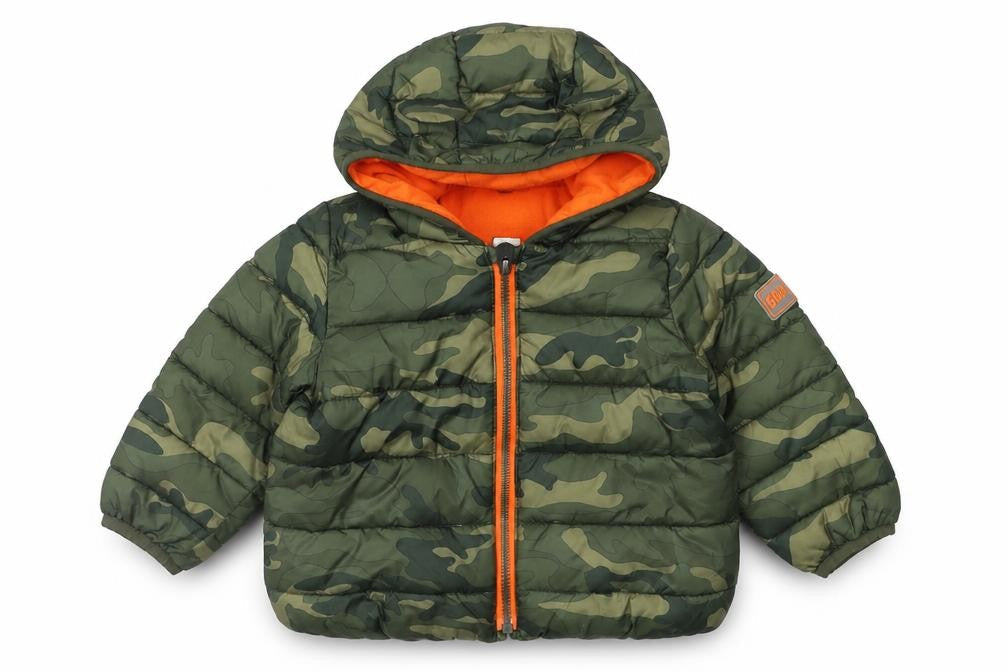 Front view of Baby Gap unisex green camouflage puffer jacket 18-24 months hooded lined