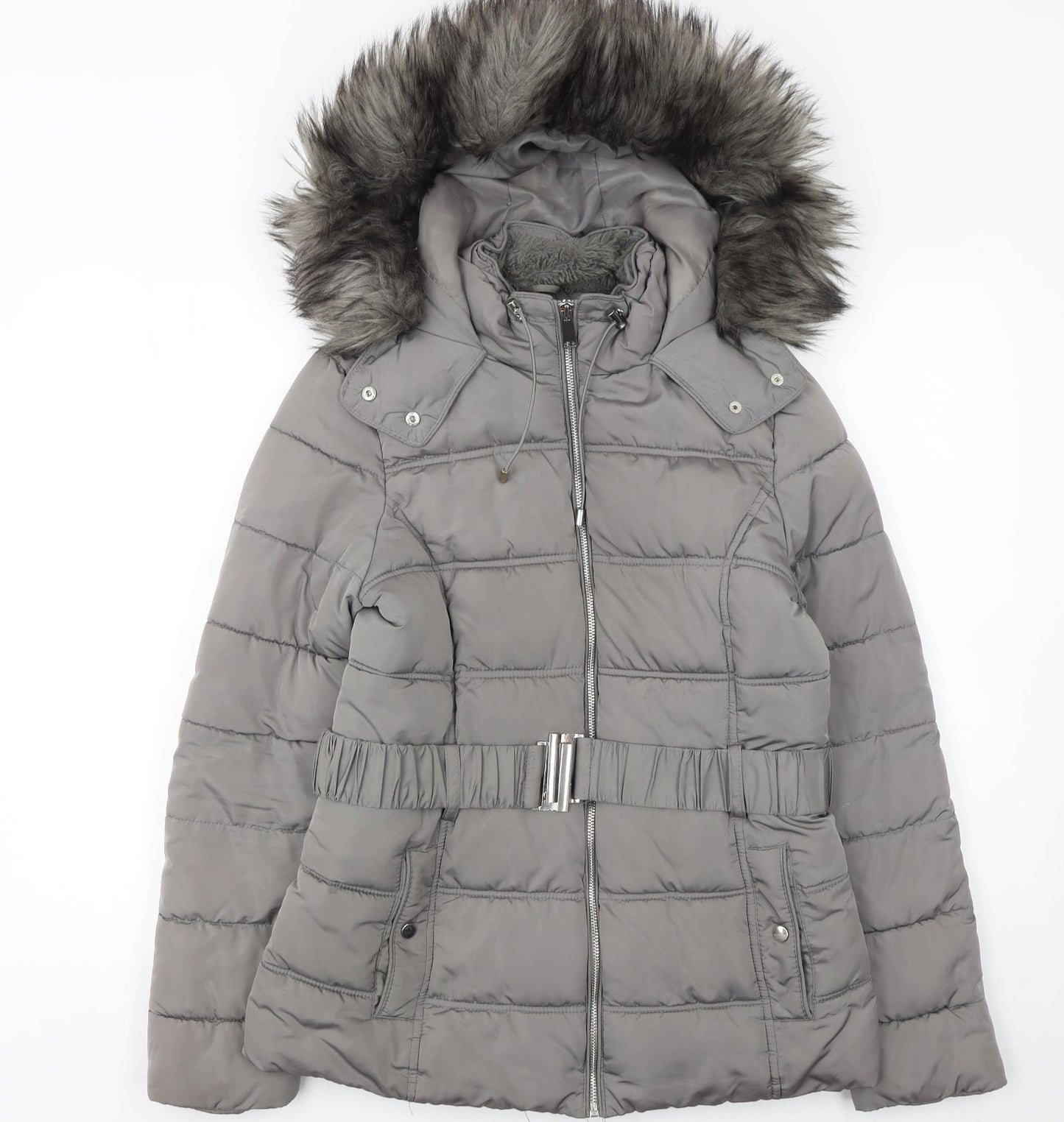 New Look Women's Grey Faux Fur Hooded Belted Puffer Jacket Size 10