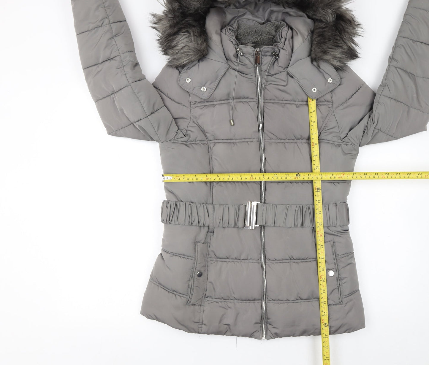 New Look Women's Grey Faux Fur Hooded Belted Puffer Jacket Size 10