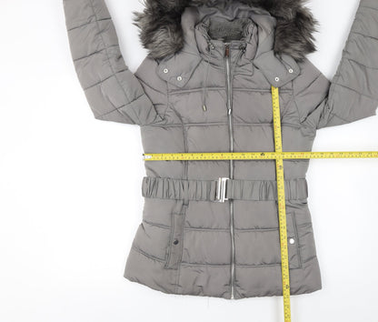 New Look Women's Grey Faux Fur Hooded Belted Puffer Jacket Size 10