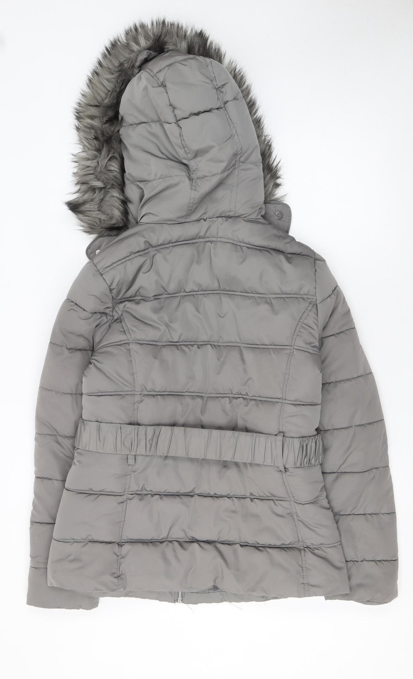 New Look Women's Grey Faux Fur Hooded Belted Puffer Jacket Size 10