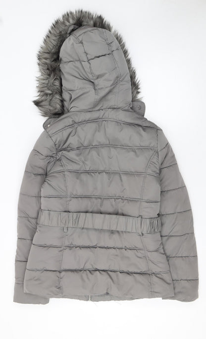 New Look Women's Grey Faux Fur Hooded Belted Puffer Jacket Size 10