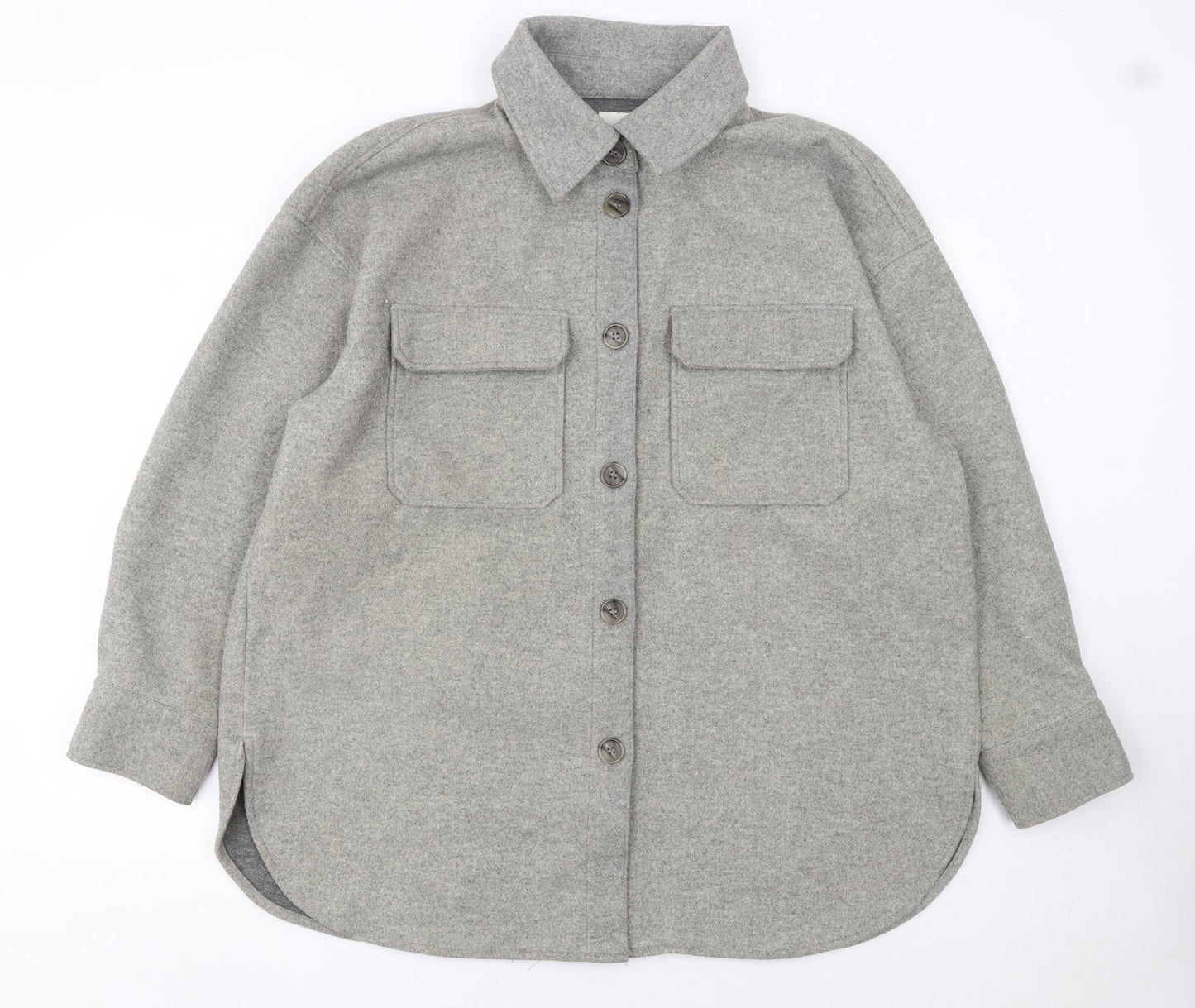 H&M Women Grey L Relaxed Shacket Jacket Button Down Fleece Mid Length