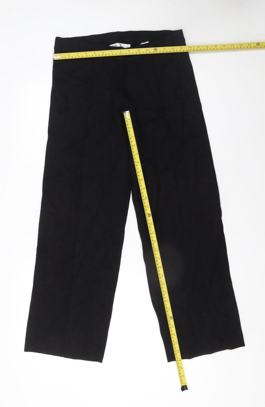 Zara Women Black Cropped Trousers L Viscose Blend Straight Leg
