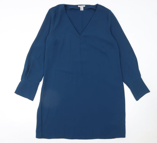 H&M Women Blue Shift Knee Length Dress Size 16 V-Neck Long Sleeve