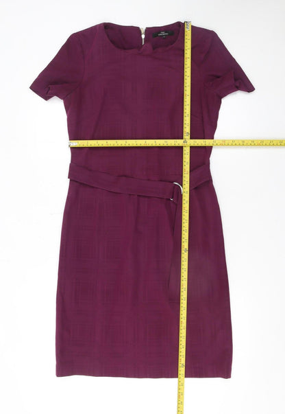 Next Women Purple Knee Length Sheath Dress Size 6 Short Sleeve Belted