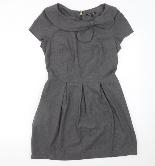 River Island Women Grey Size 10 Fit & Flare Bow Short Sleeve Work Dress