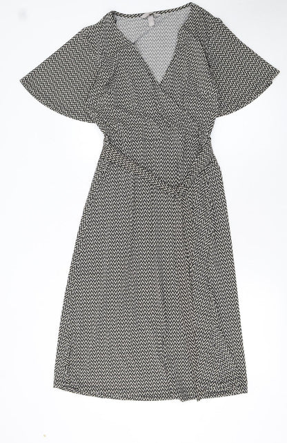 H&M Women Black Wrap Dress S Geometric Short Sleeve V-Neck Workwear