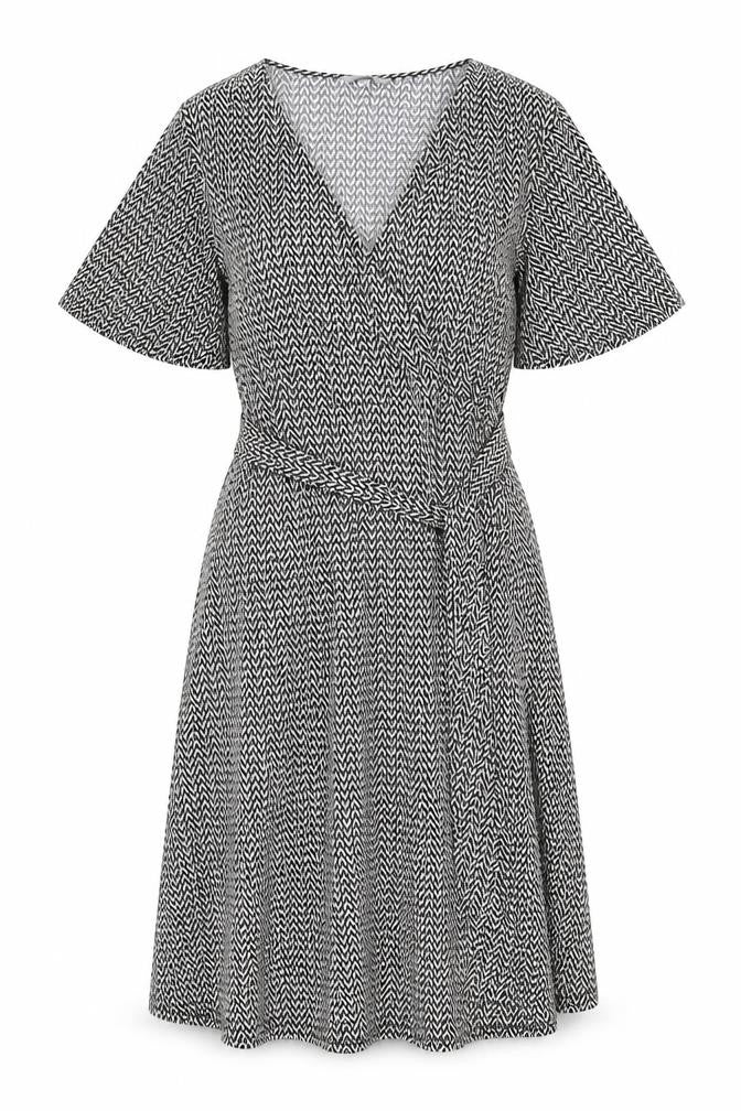 H&M Women Black Wrap Dress S Geometric Short Sleeve V-Neck Workwear