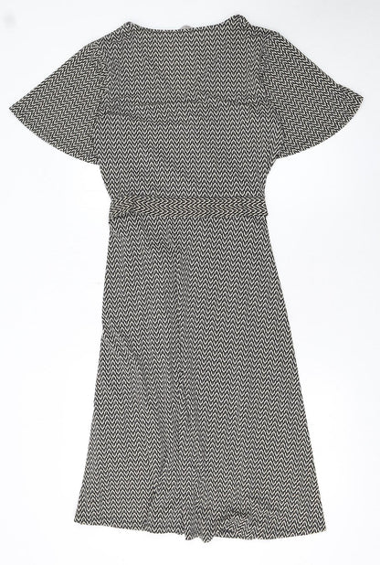 H&M Women Black Wrap Dress S Geometric Short Sleeve V-Neck Workwear