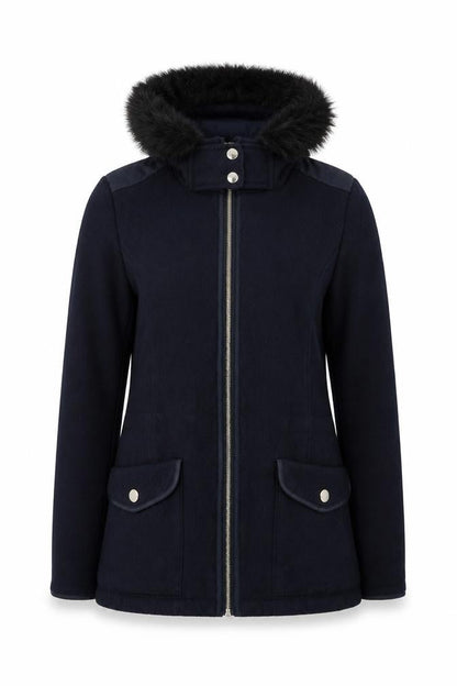 Front view of Massimo Dutti Women's Blue Wool Hooded Mid-Length Coat, size 10