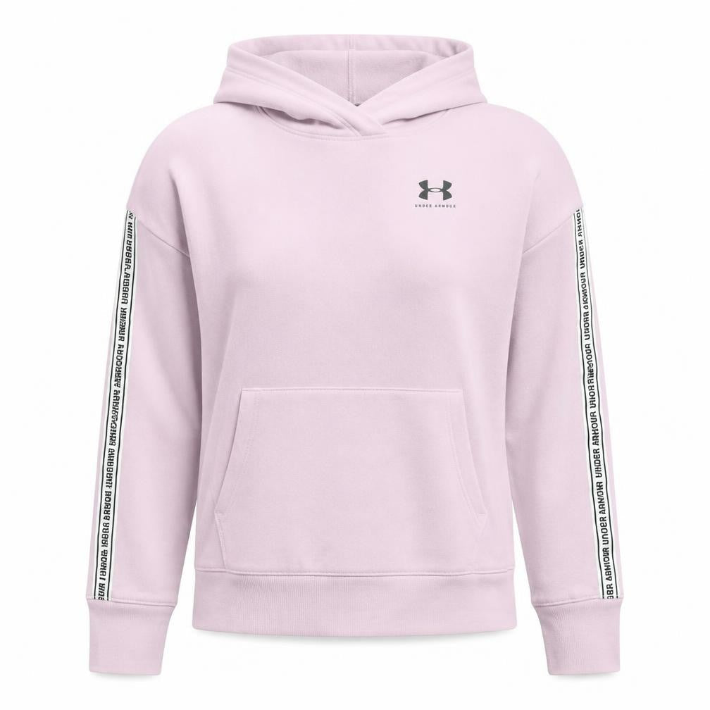 Front view of Under Armour girls’ pink long sleeve fitted pullover hoodie yxl