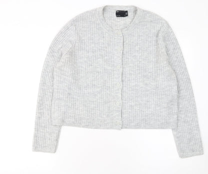 ASOS Women Grey Ribbed Crew Neck Long Sleeve Button Cardigan Size 14
