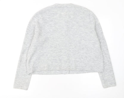 ASOS Women Grey Ribbed Crew Neck Long Sleeve Button Cardigan Size 14